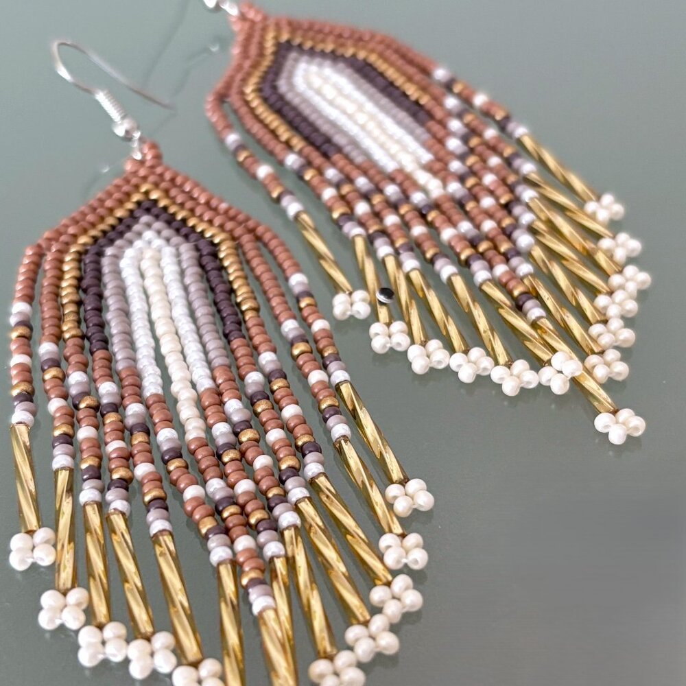 Hand Beaded Neutral Brown Earthy Colors Metallic Gold Tassel Dangle Earrings